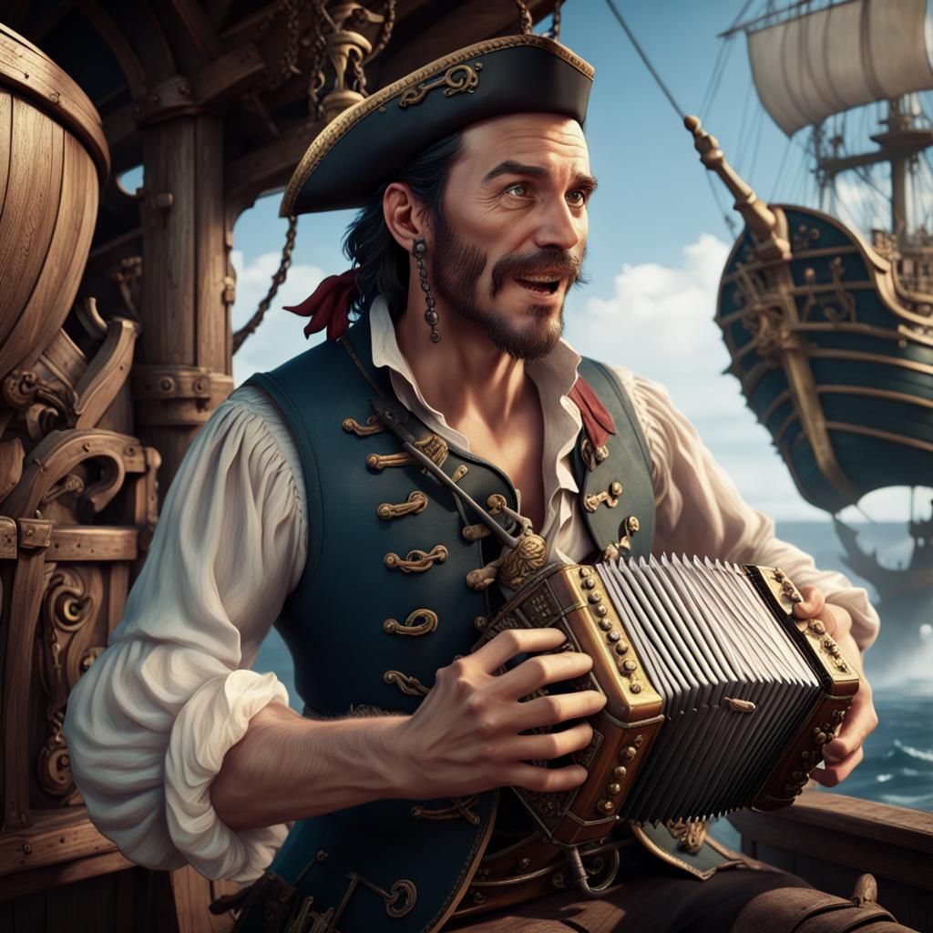 Bard Plays Concertina on Pirate Ship: Fantasy Art