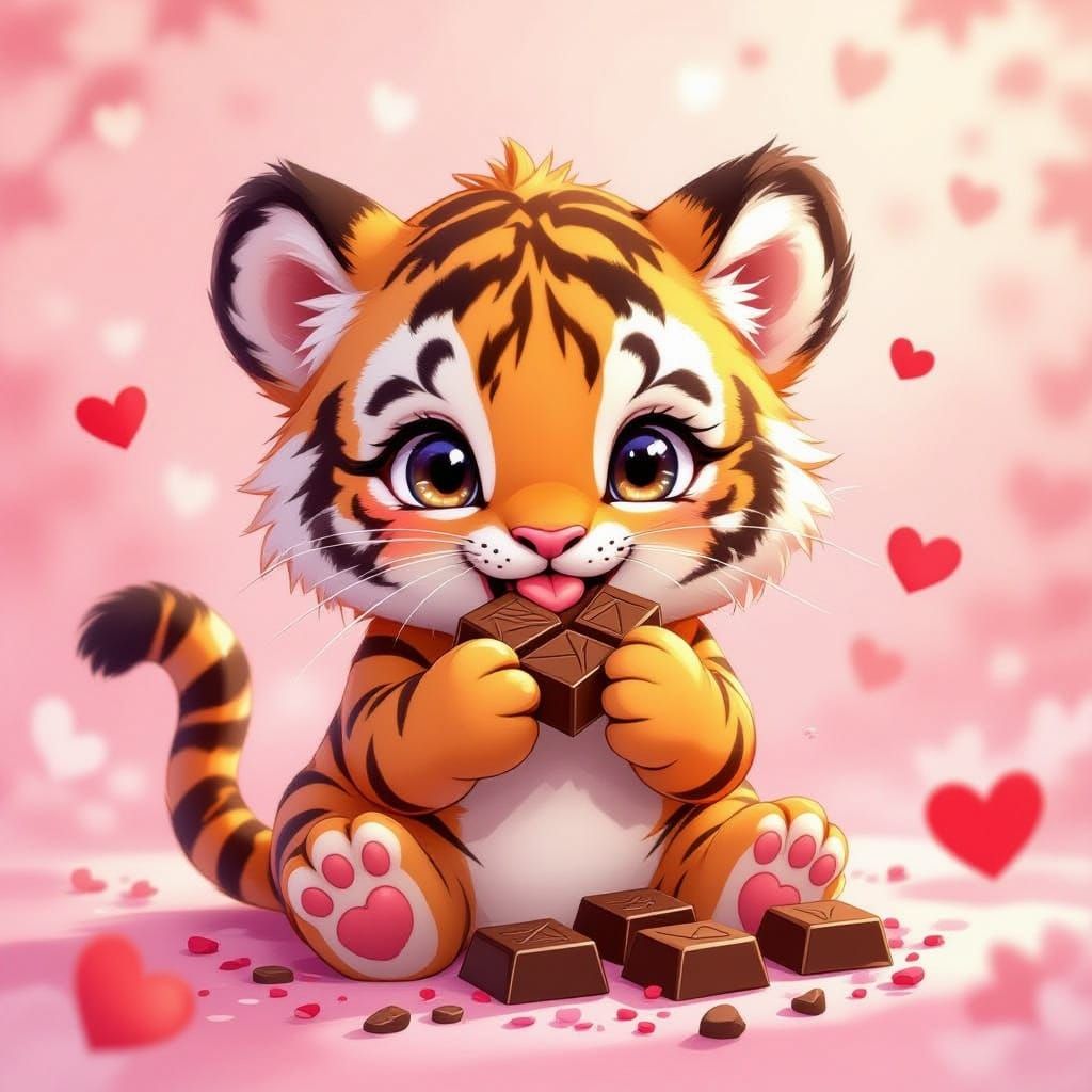Cute Baby Tiger Enjoys Chocolates on Valentine's Day
