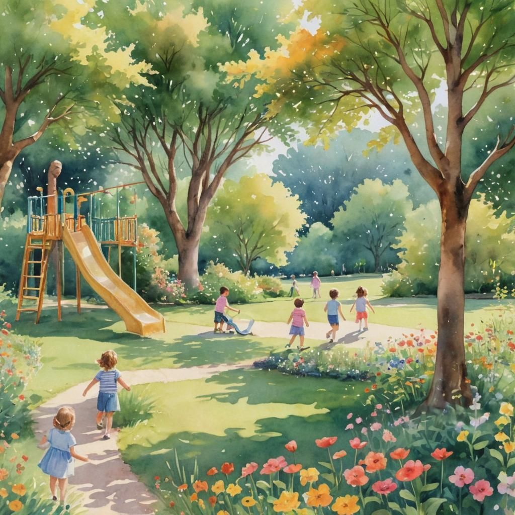 Whimsical Watercolor: Children's Playground in Sunlight