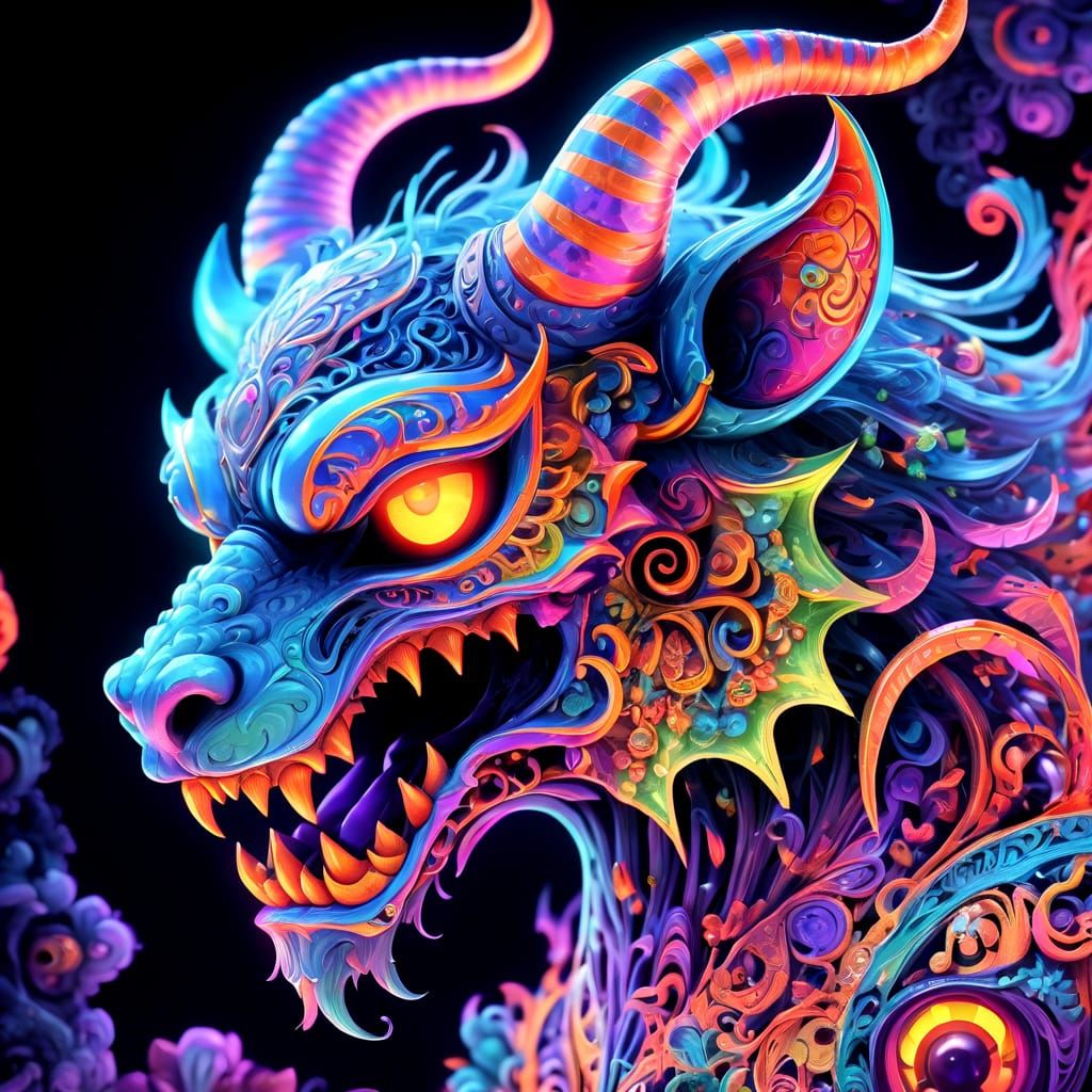 Psychedelic Demon Portrait with Ornate Linework