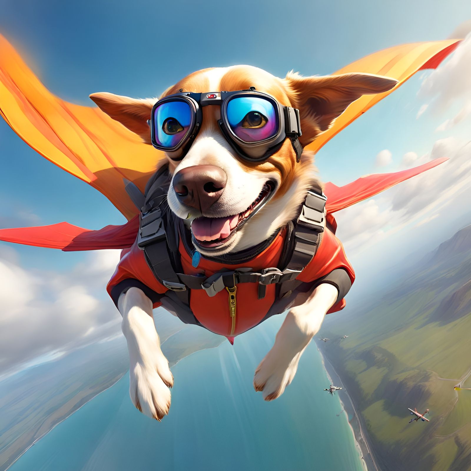 Dog Skydiving in Wingsuit, Hyperdetailed Digital Art