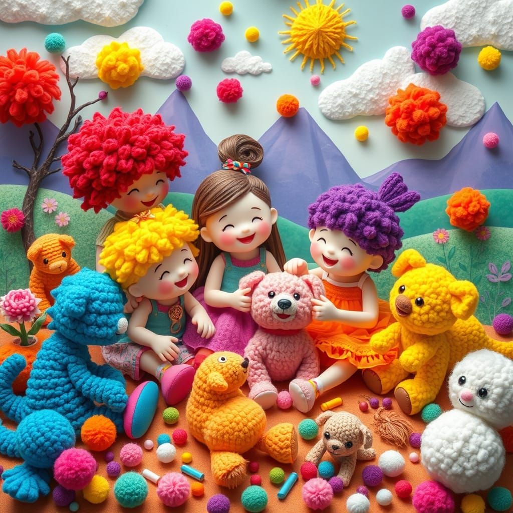 Vibrant Pom Pom People Play in Surreal Mosaic Landscape