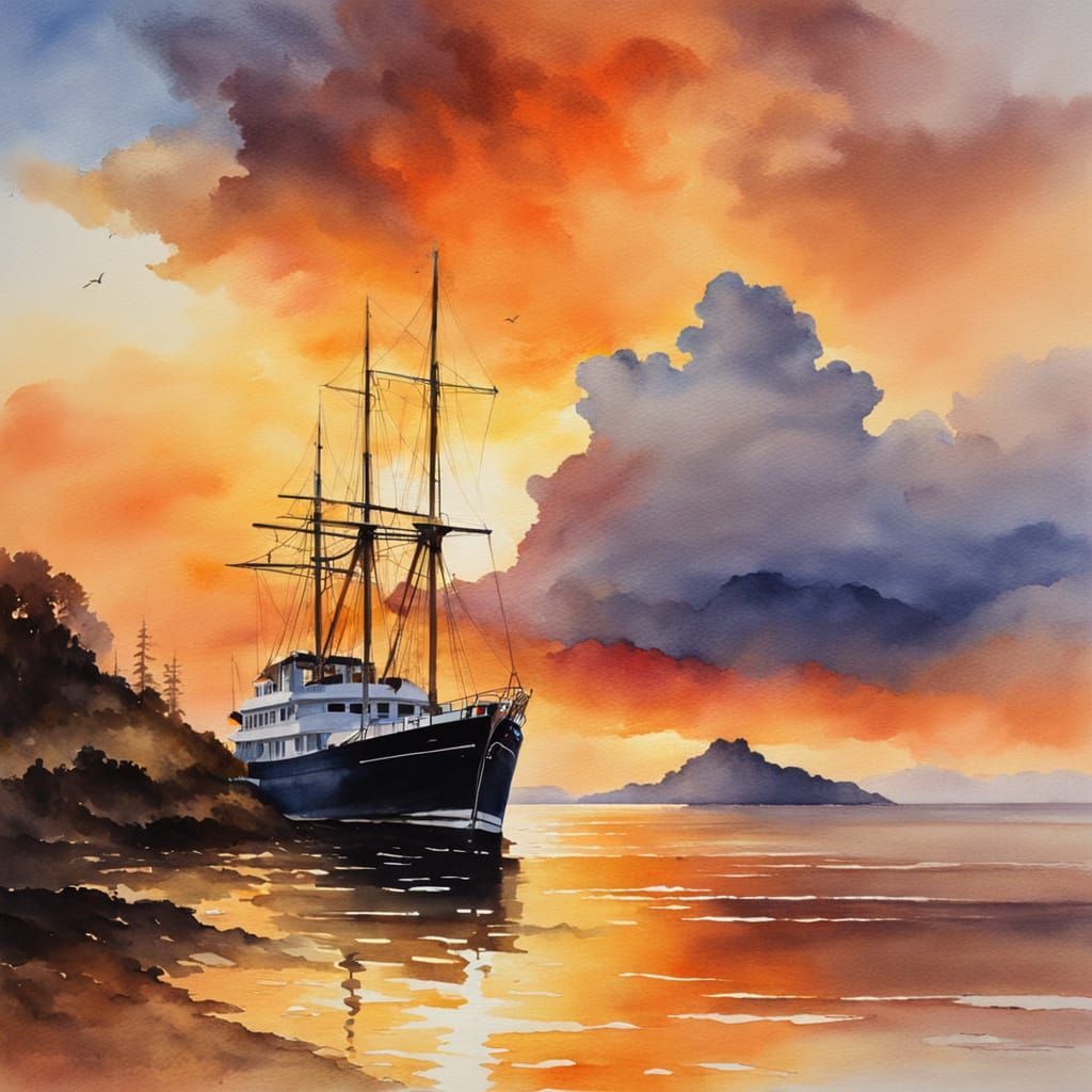 Ship Sails Under Golden Sunset in Dreamy Watercolour