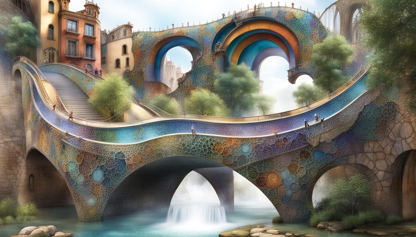 Steampunk Gaudi Water Cascade with Arched Bridge