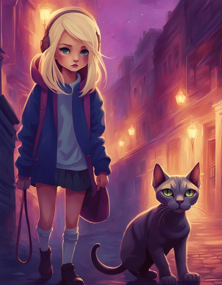 Girl with Sphynx Cat in Dark Fantasy Art