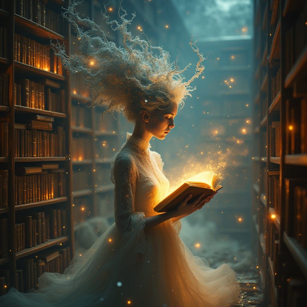 Ethereal Librarian Conducts Cosmic Symphony in Infinite Libr...