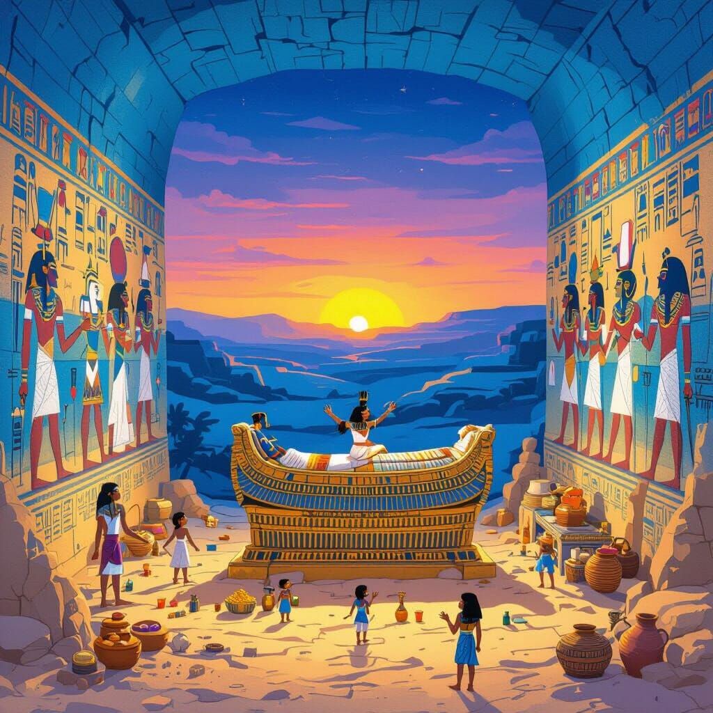 Ancient Egyptian Tomb at Sunset with Family Murals