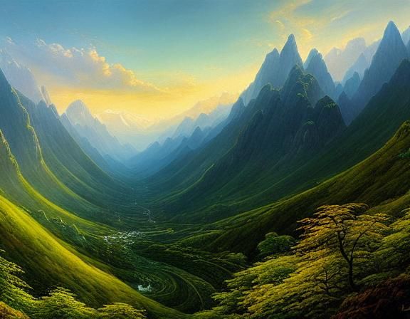 Elven Mountains in a Heavenly Realm: Oil Painting