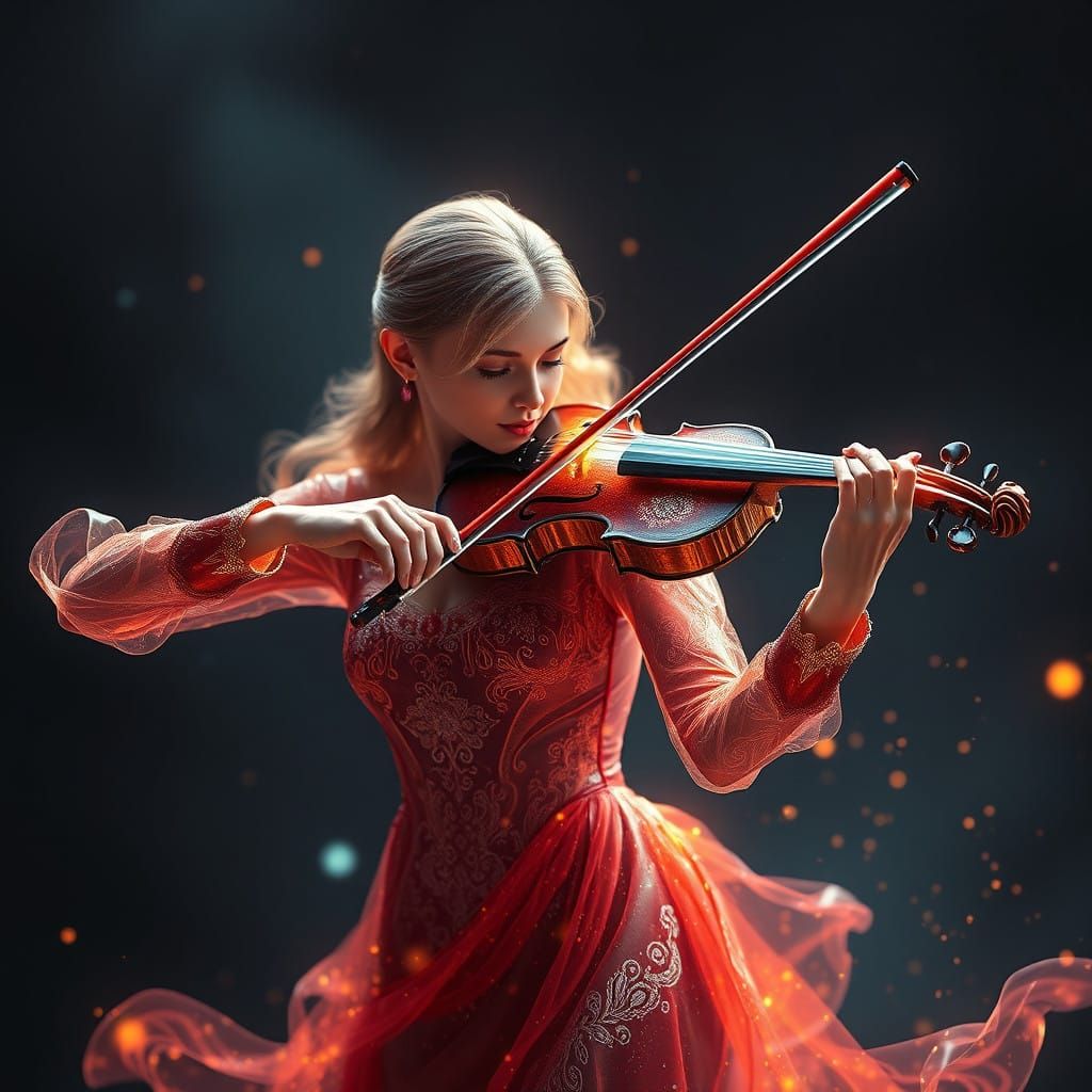 Ethereal Violinist in a Fantastical Holographic Concert
