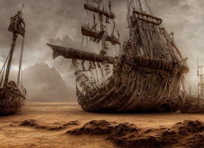 Dinosaur Bone Shipwreck in Desert, Digital Painting