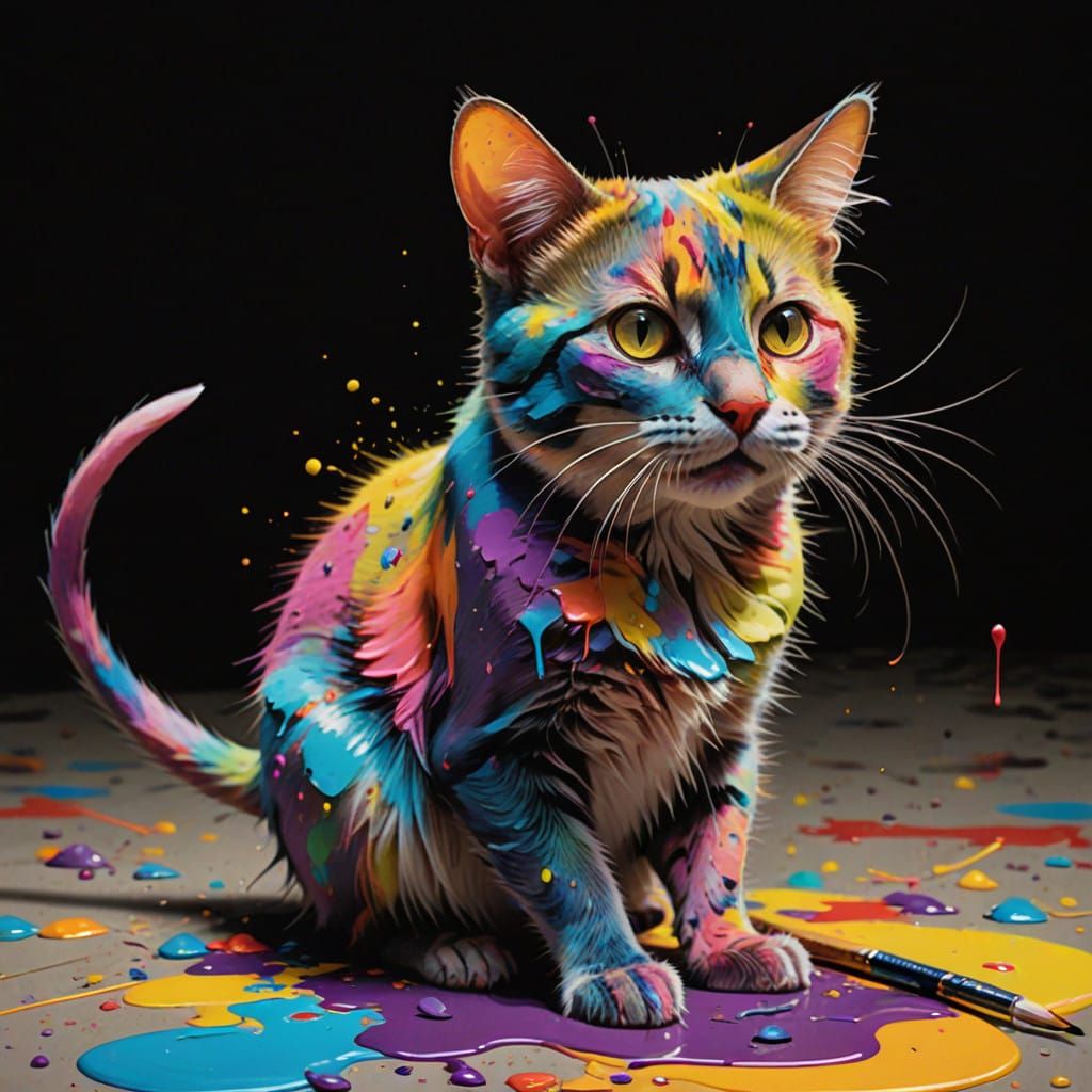 Regal Cat Meets Colorful Chaos in Whimsical Art