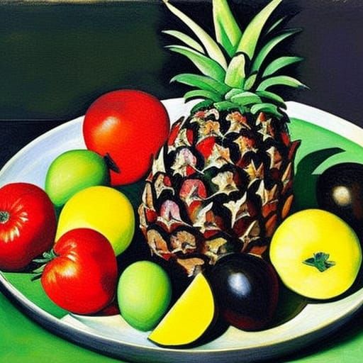 Pineapple Still Life with Olives in Post-Impressionist Style