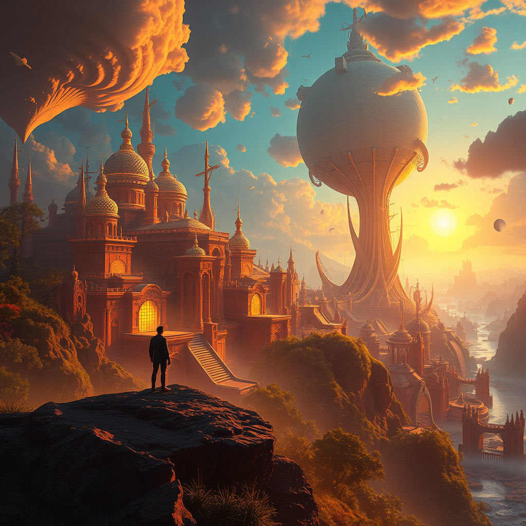 Radiant Cityscape in Mystical Realm, Dreamlike Art