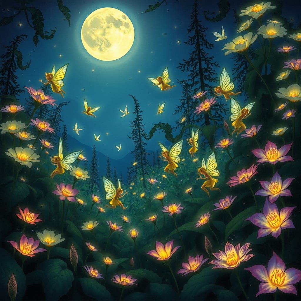 Moonlit Garden Fairies with Bioluminescent Flora