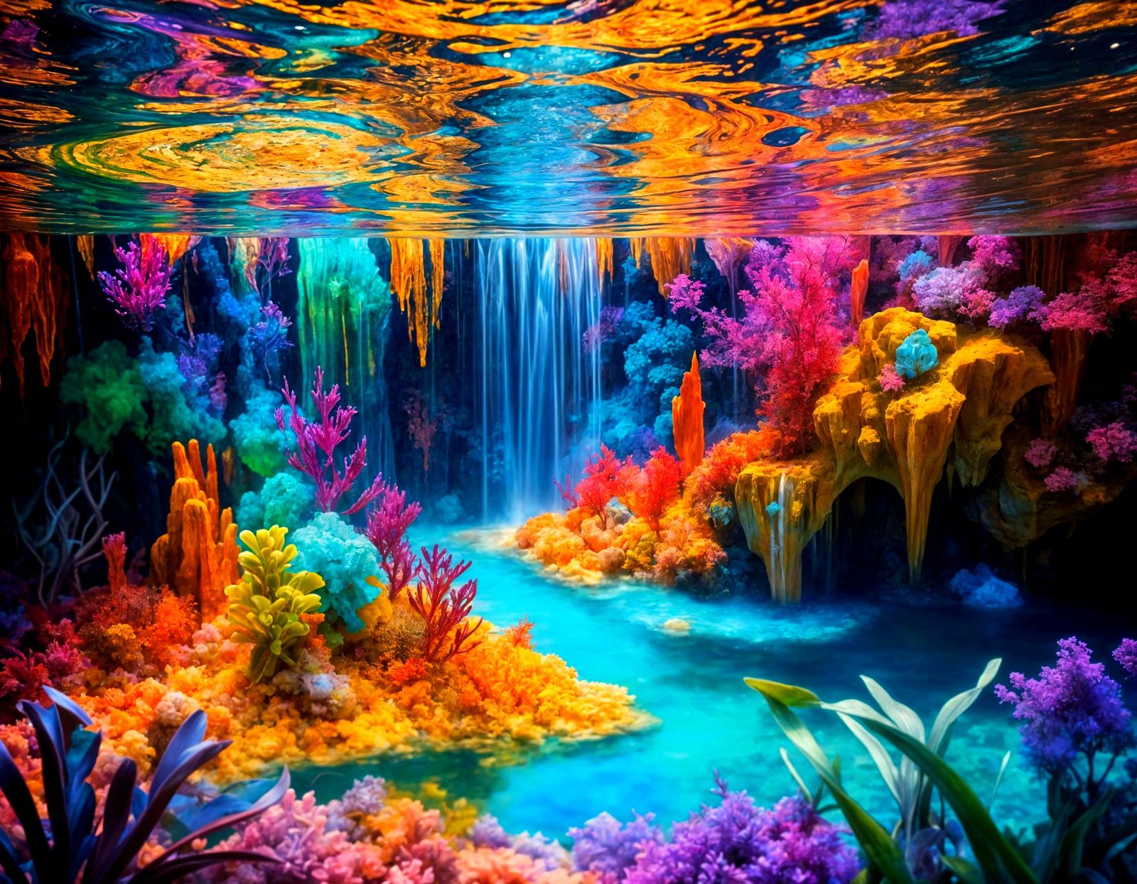 Surreal Underwater Oasis in Vibrant, Kaleidoscopic Style