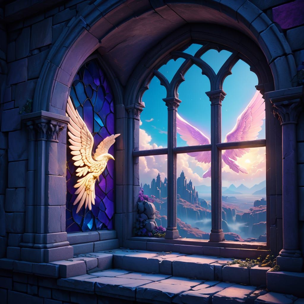 Majestic Boy Looks Out at Angels in a Vibrant, Golden-Lit Wi...