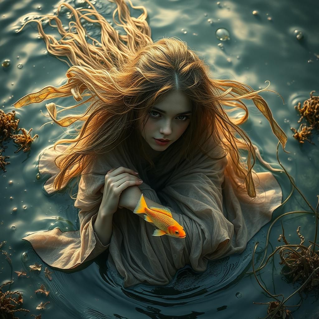 Mystical Water Nymph Playing with Fish