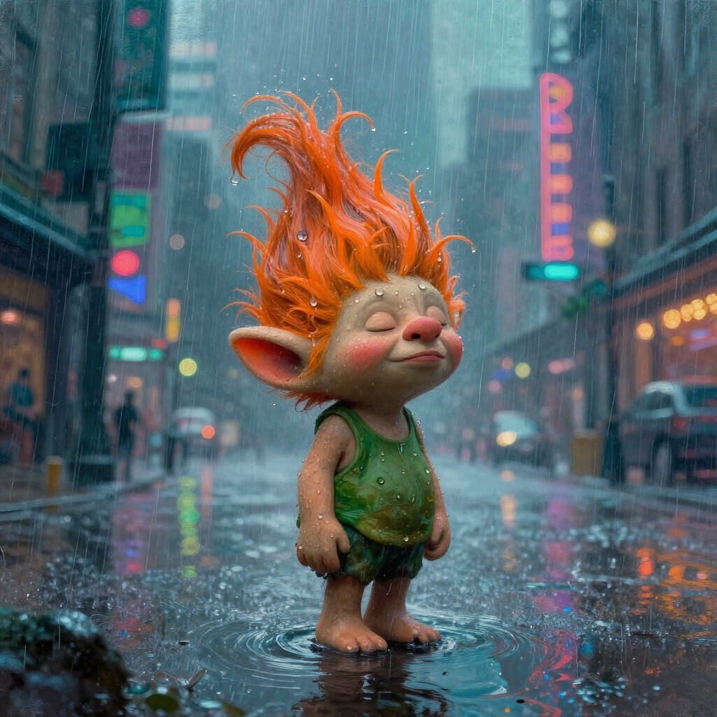 Whimsical Troll in Torrential Rain, Urban Fairy Tale