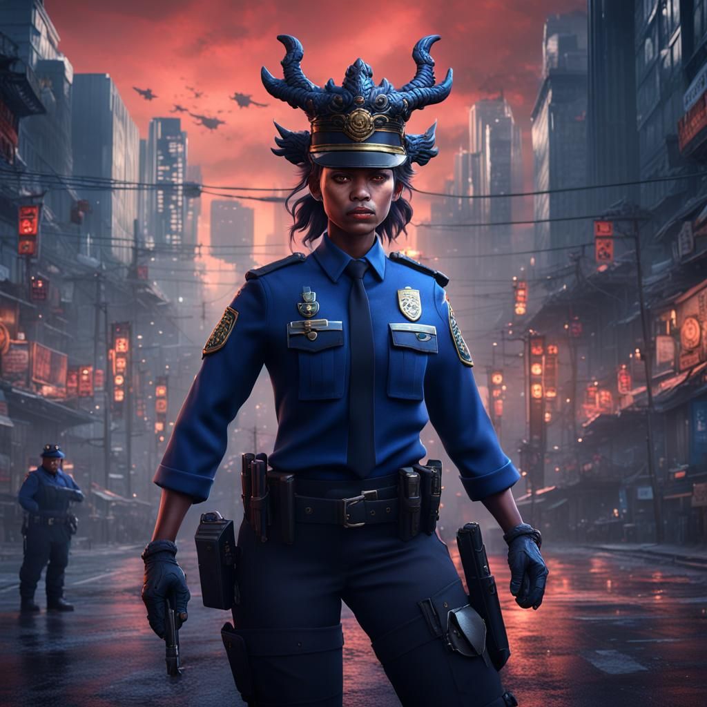 Detailed Oni Police Officer in Fantasy Art Style