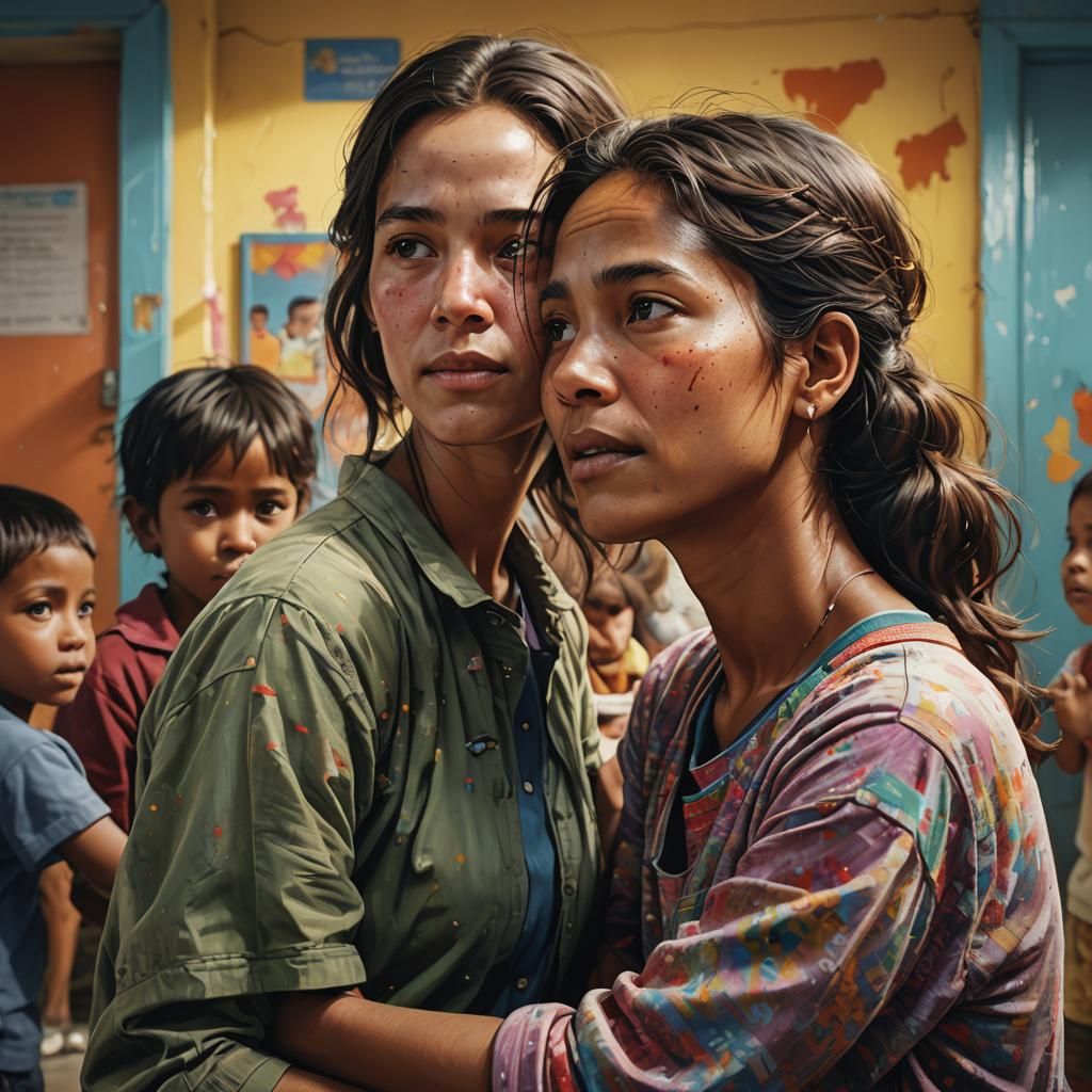 Woman Adopting Child in Hyperrealistic Splash Art