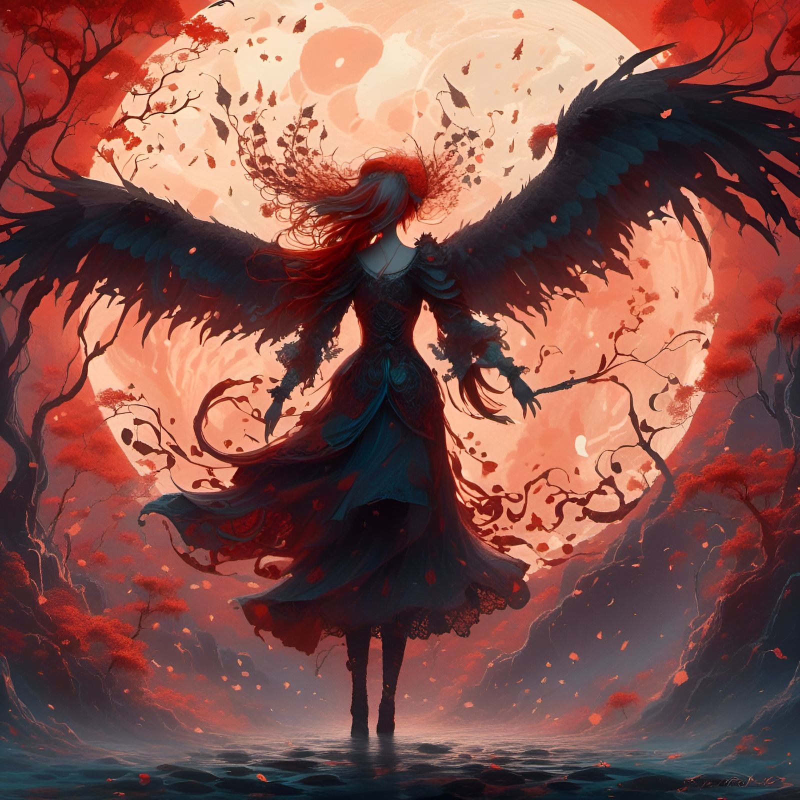 Winged Silhouette Against a Red Moon
