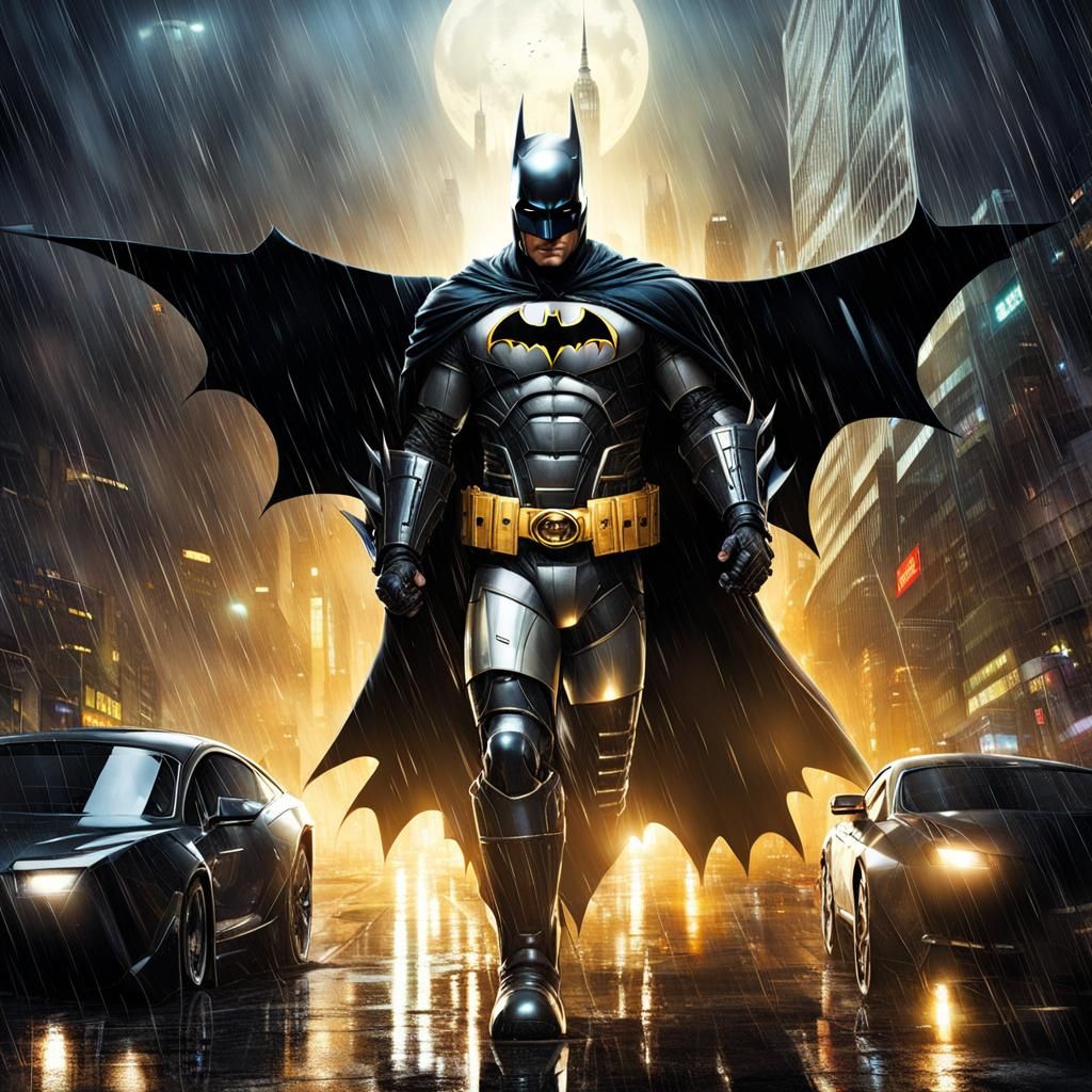 Futuristic Gotham: Robot Villain in the Rain