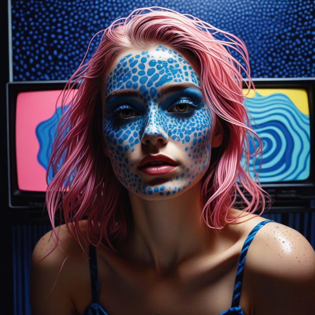 Vibrant Pop Art Portrait with Television Eyes and Pointillis...