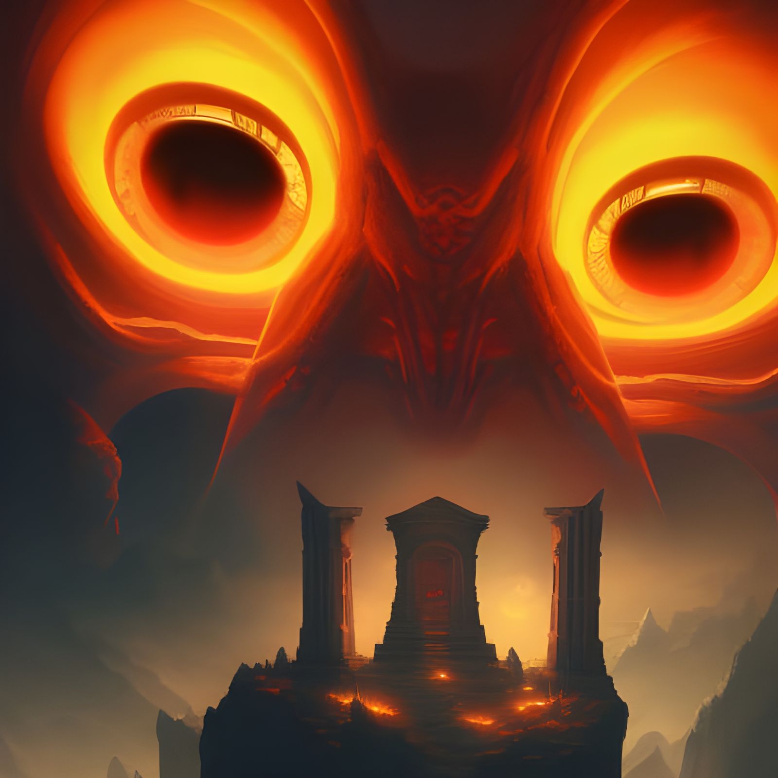 Glowing Red Eyes Above Ancient Altar