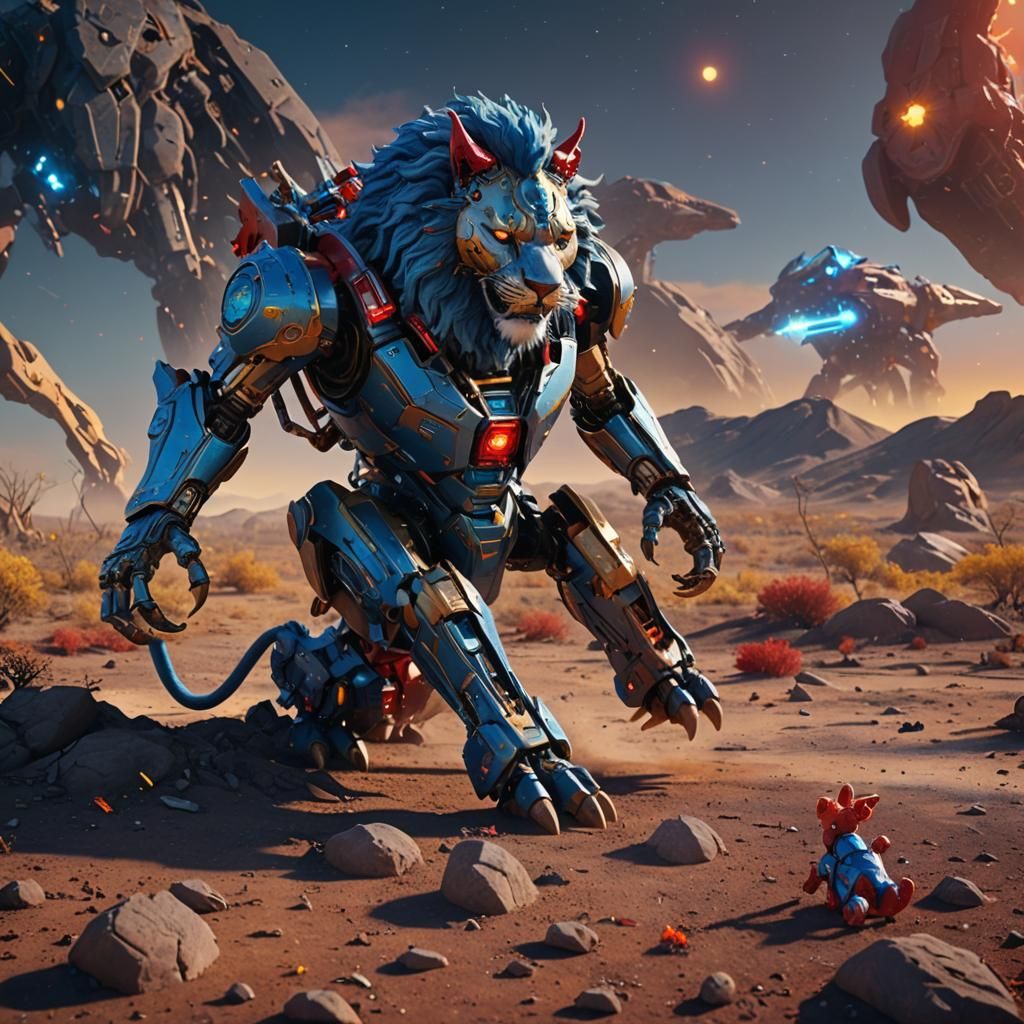 Sci-Fi Mech Lion Consumed in Cyberpunk Scene