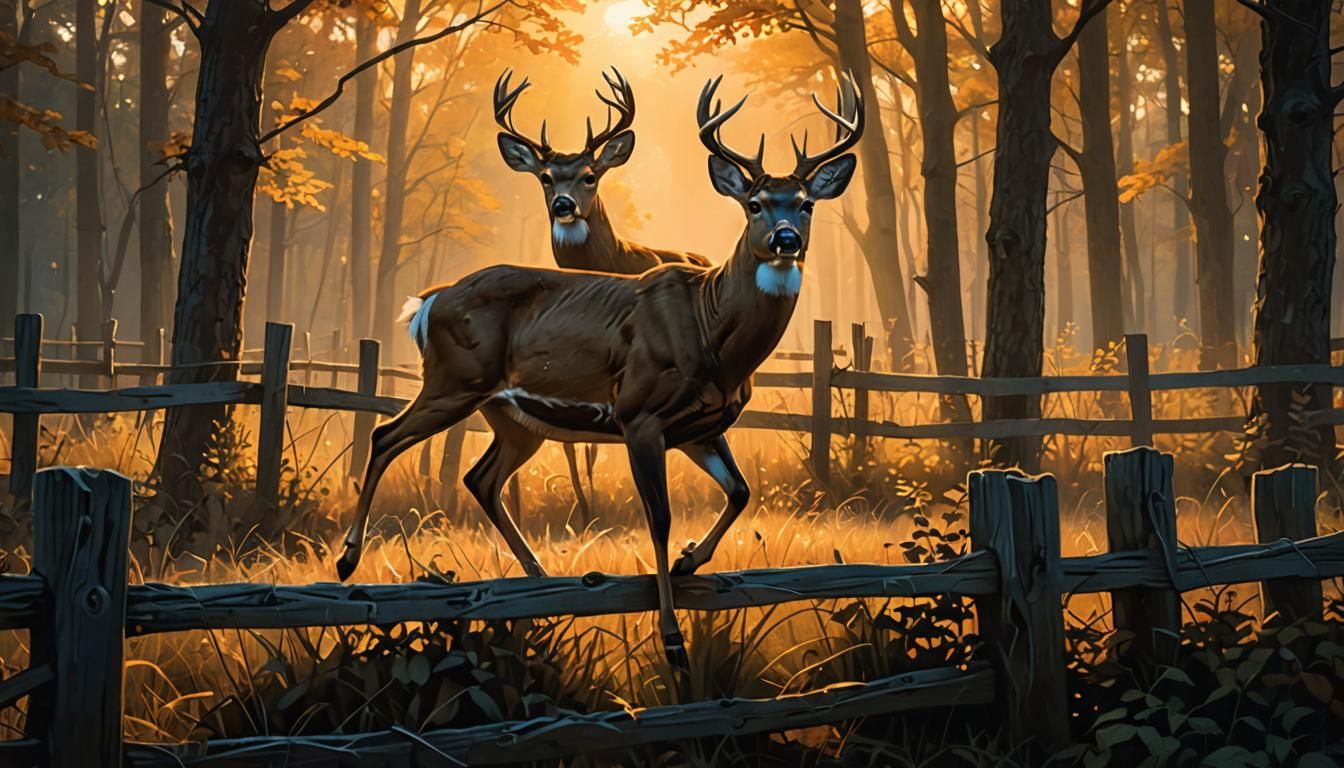 Whitetail Deer Leaping Fence in Golden Sunlight