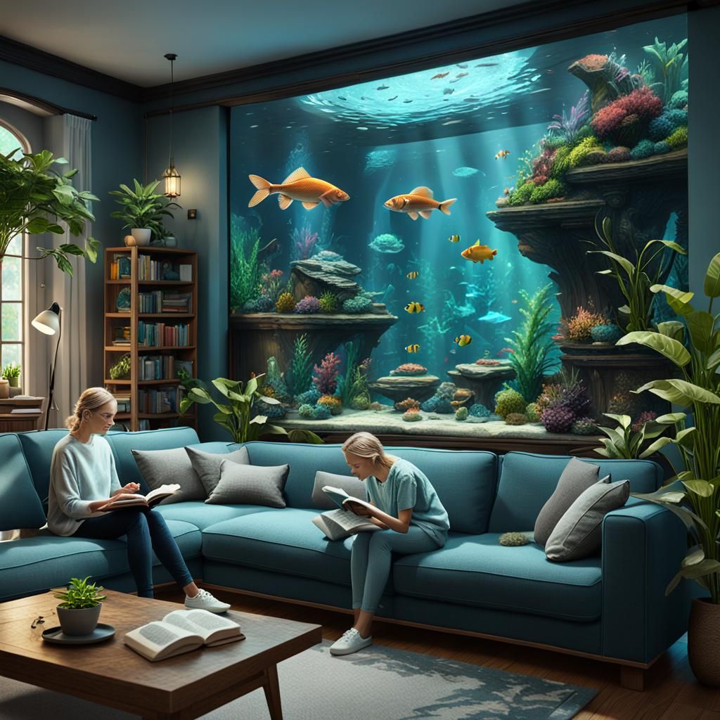Living Room Aquarium with Cats, Detailed Matte Painting