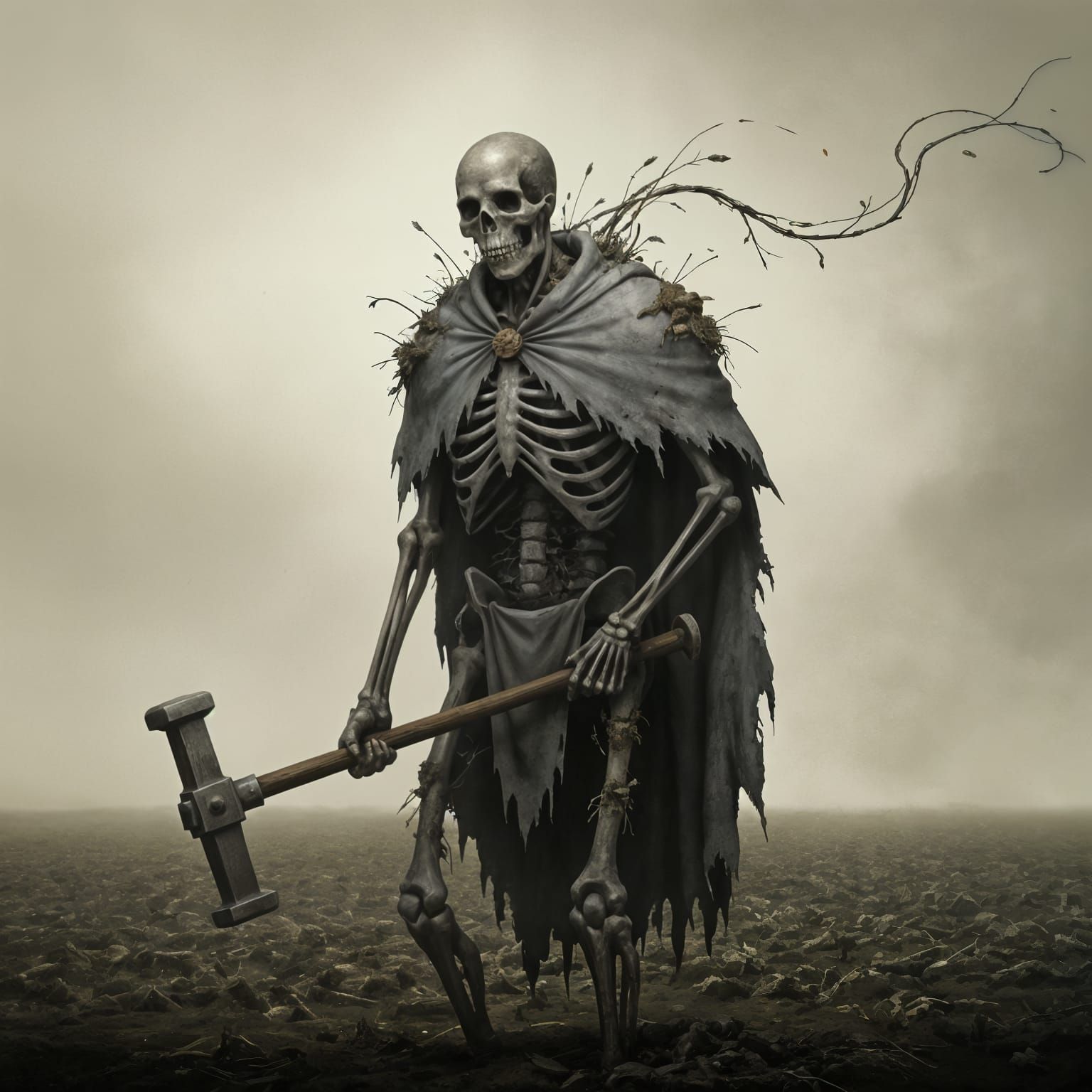 Skeletal Farmer Holding Advanced Tool in Dusty Fields