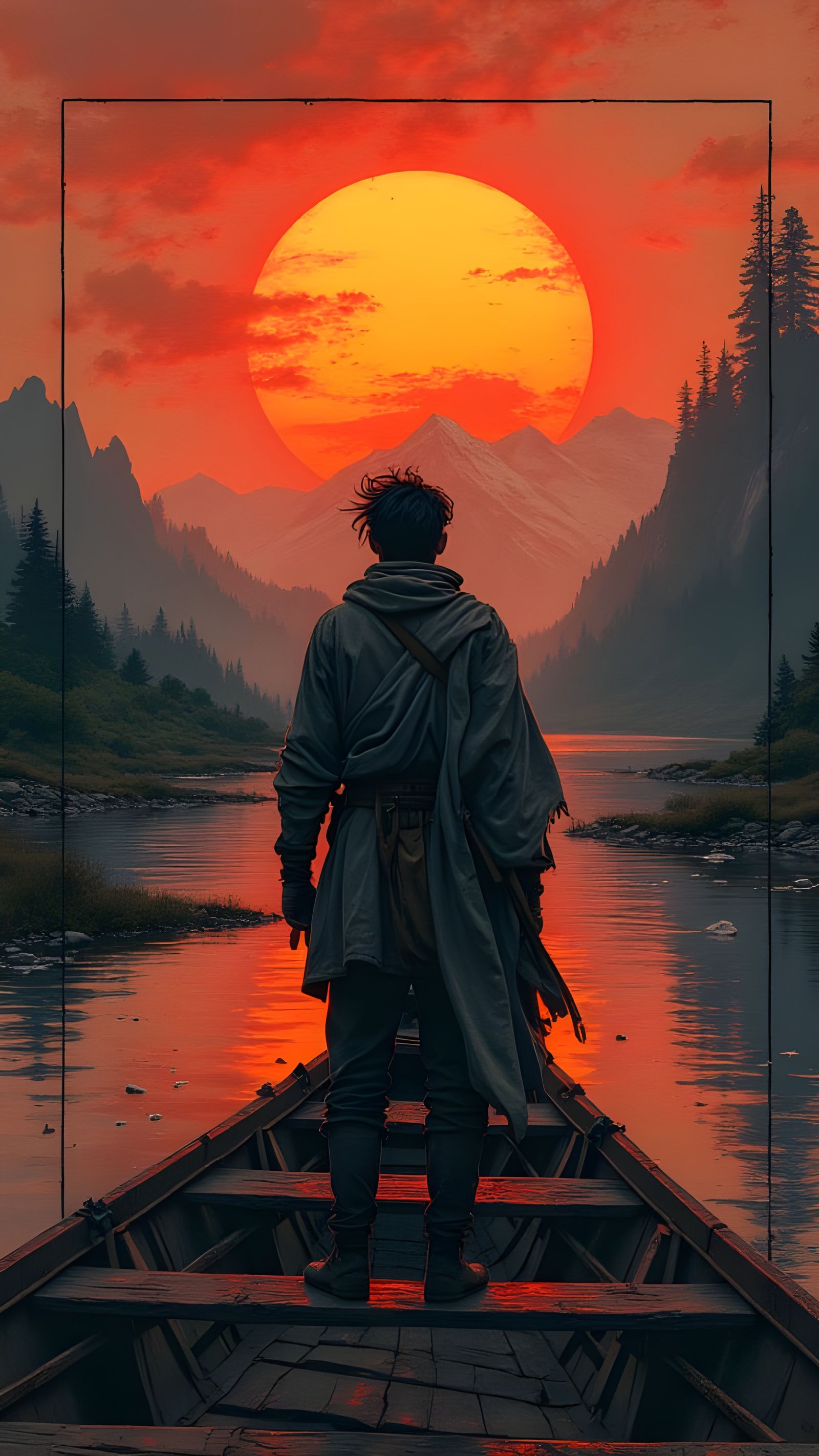 Epic Digital Painting of Silhouetted Man in Sunset Landscape