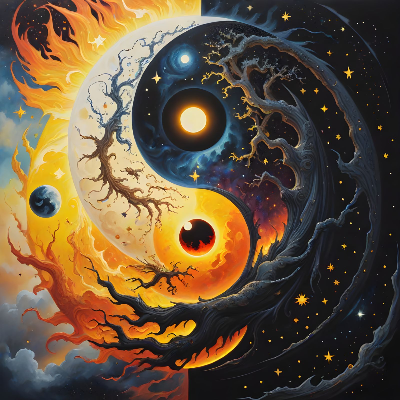 hyperdetailed Metaphysical Painting, yin yang, sun, stars, cinematic, horror exposition.