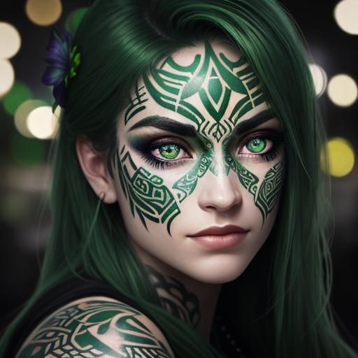 Stunning Celtic lovely green eye iris closeup. Eye is entirely covered with traditional Celtic tattoos. Beautiful bokeh ...