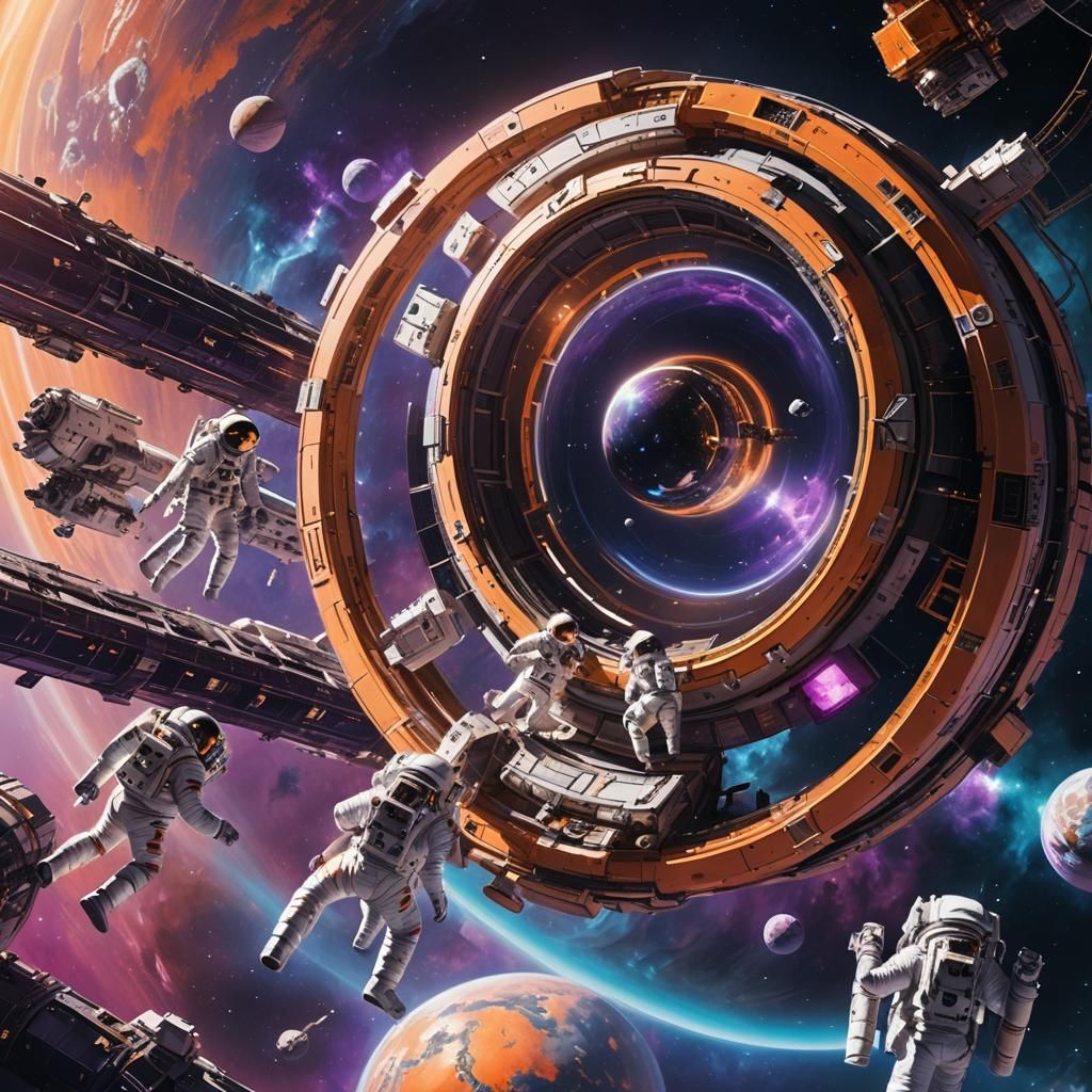 Astronauts Orbiting Sleek Space Station: Digital Concept Art