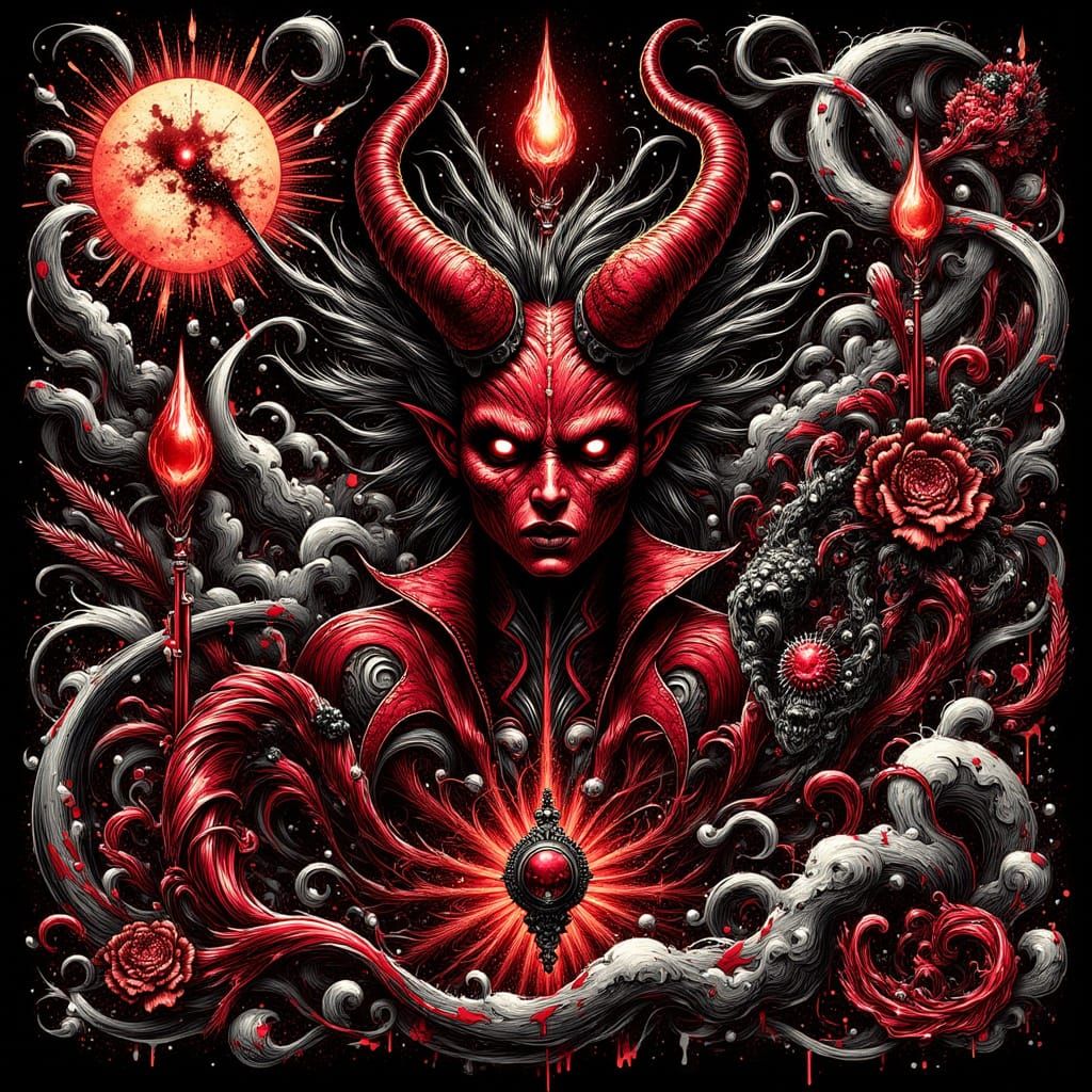 Haunted Red Djinn in Art Deco Style