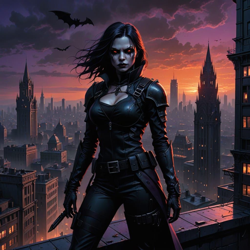 Gothic Dark Fantasy Vampire in Tactical Gear Dominates Skysc...