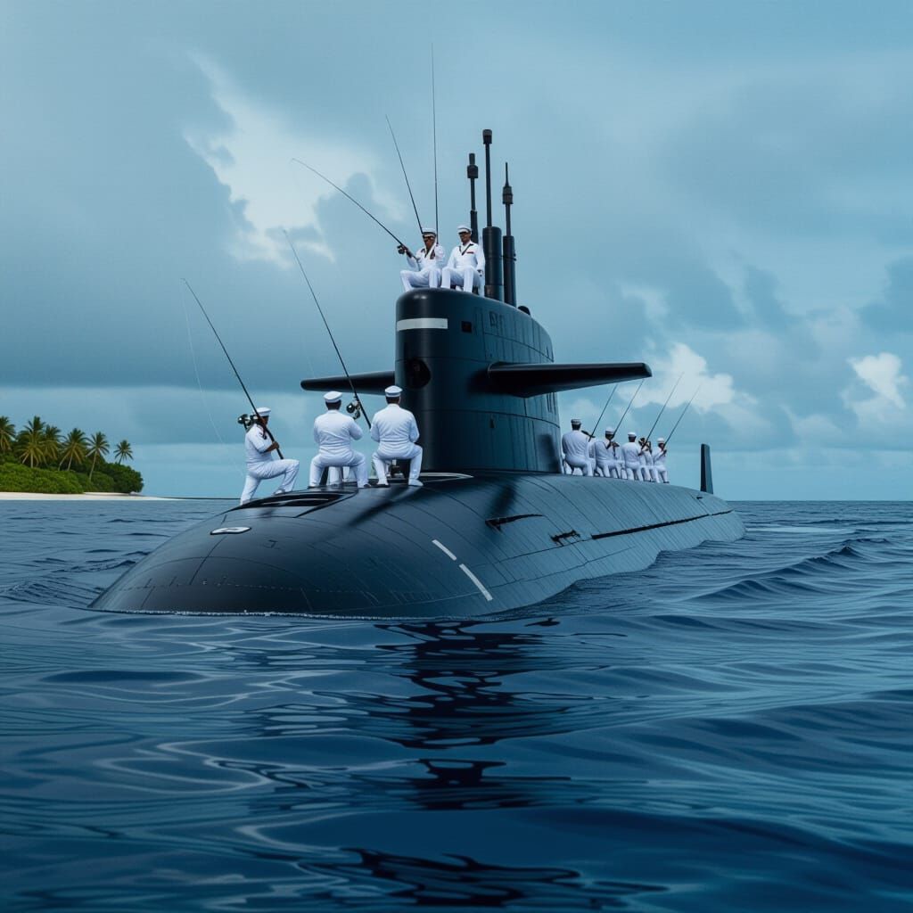 Submariners Fishing on a Tropical Island Ocean
