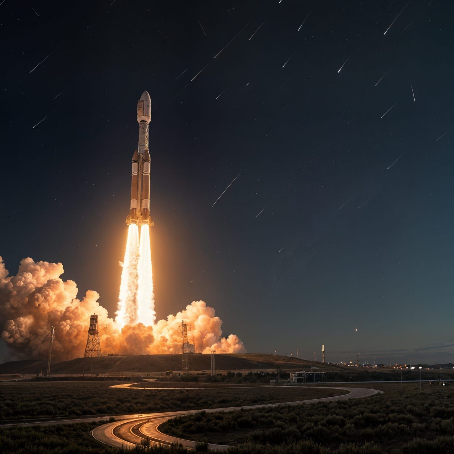 Launch of Heavy Lift Rocket under Starry Night Skies