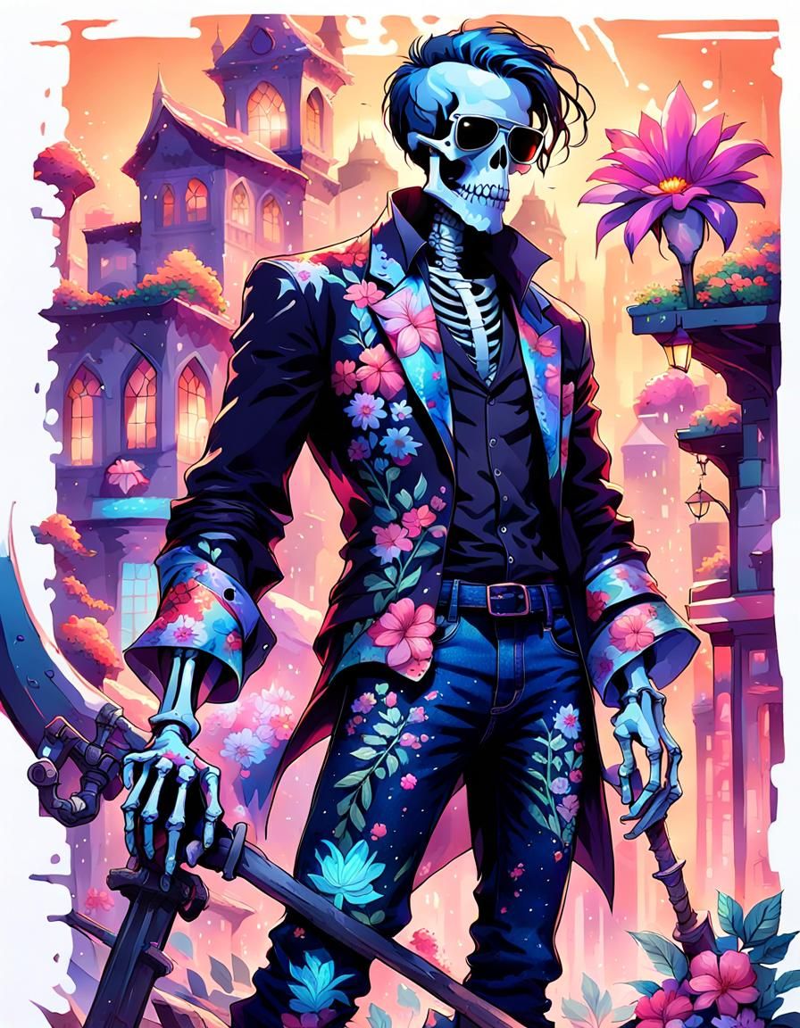 Skeleton in Hawaiian Shirt in a Magical City