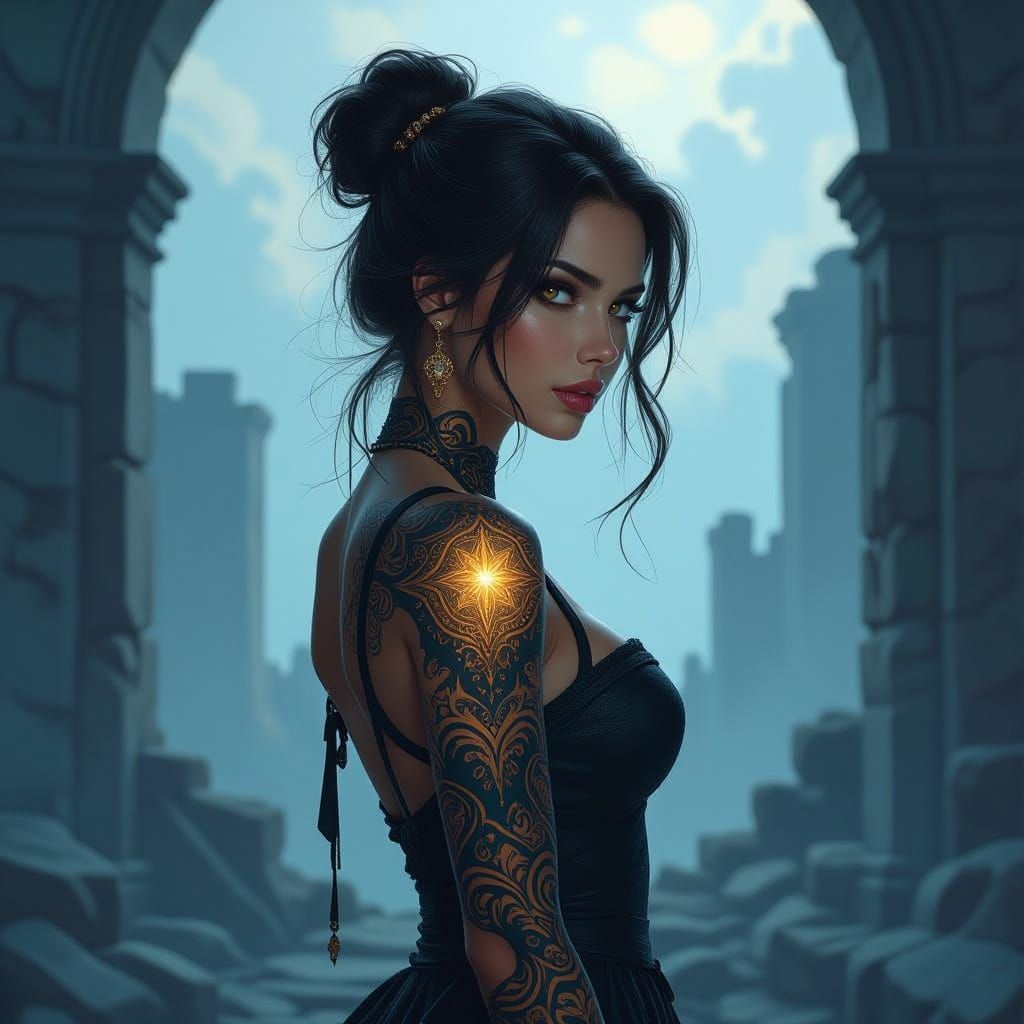 Woman with Celestial Tattoos in Ethereal Ruins