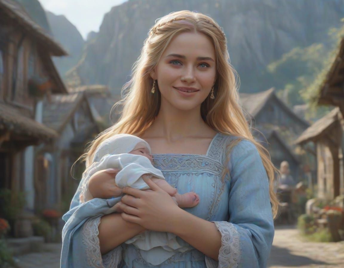 Norse Goddess Freya with Baby in Village