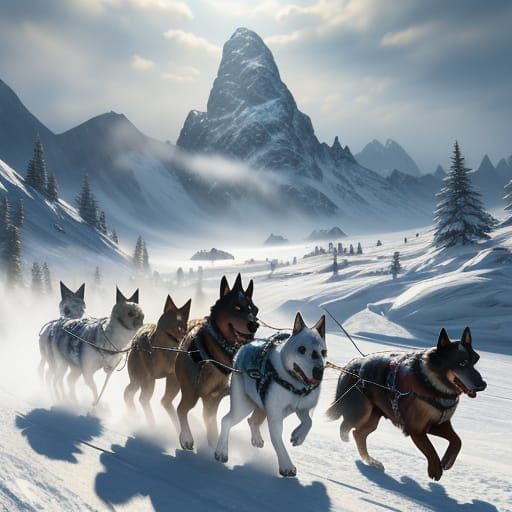 Dogs Pulling Sled Through Snowfield in Golden Hour