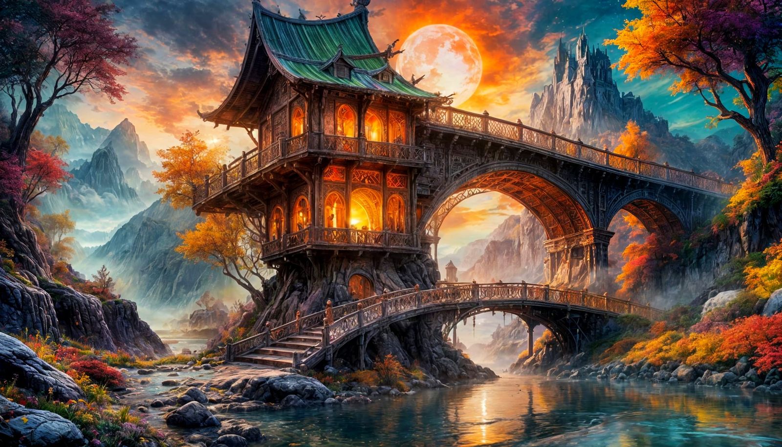 Fantasy Bridge with Ornate Design and Moonlit Sky