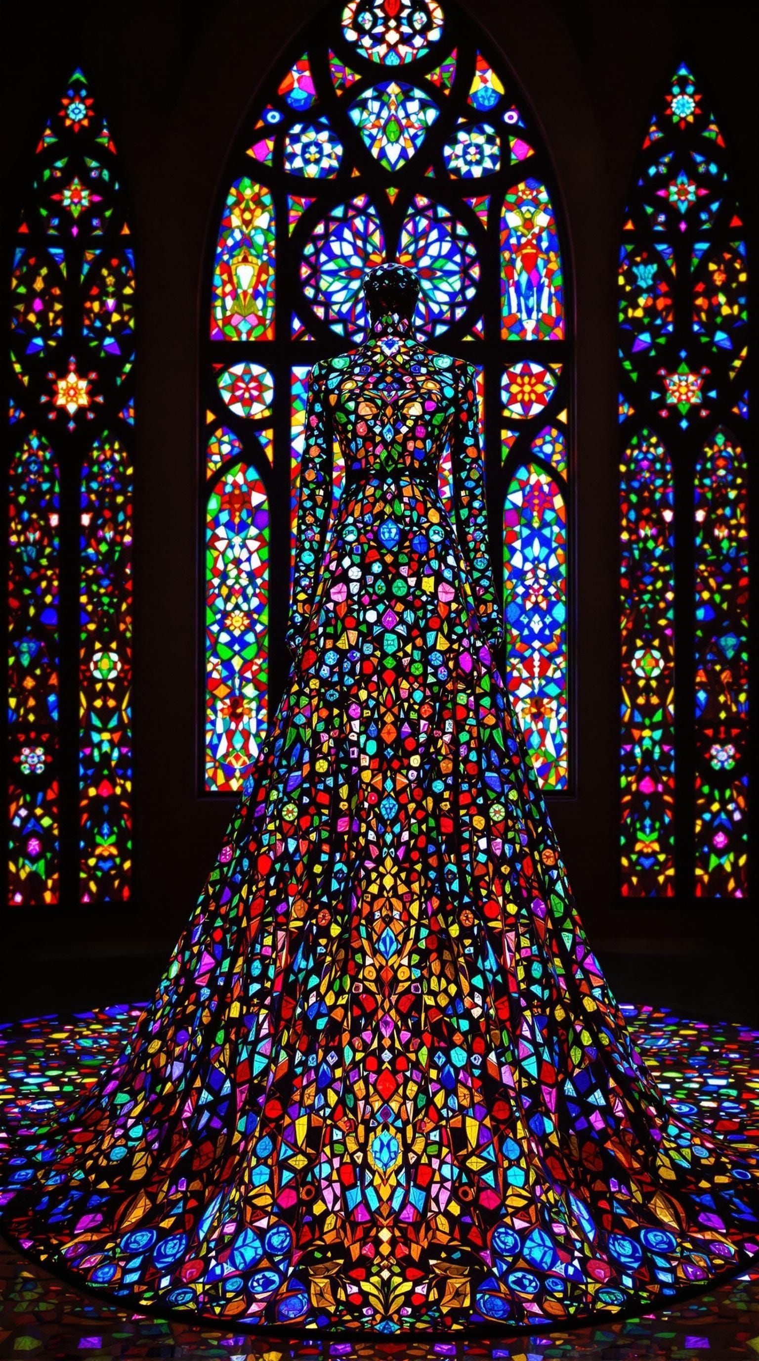 Hyperrealistic Stained Glass Dress in Vibrant Colors