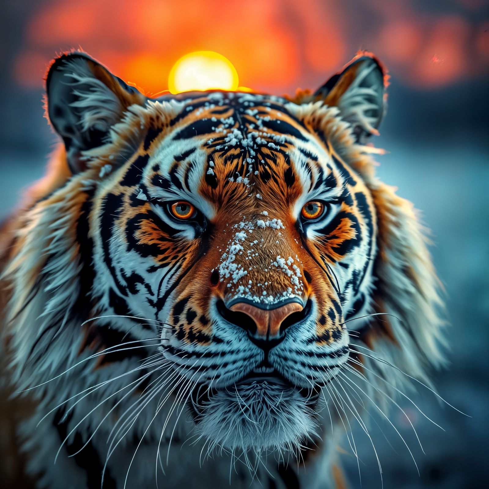 Tiger's Fiery Sunset Portrait in Hyper-Realistic Style
