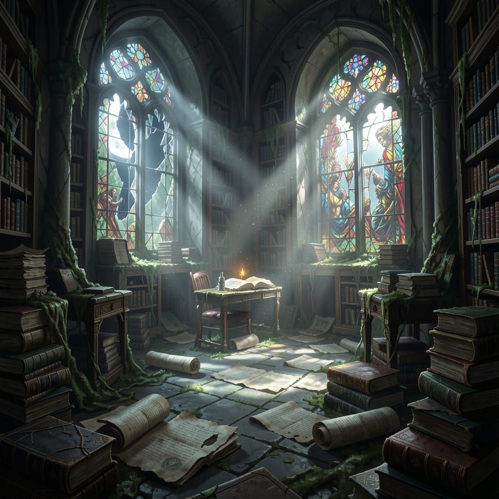 Ethereal Moonlight Illuminates Ancient Lost Library