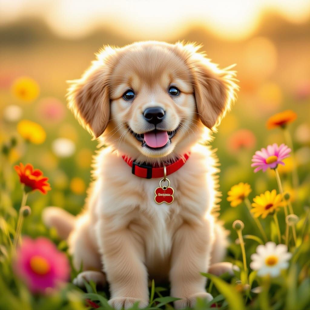 Golden Retriever Puppy in Flower Field, Whimsical Animation ...