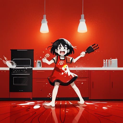 Surprised Cook Splashes Tomato Sauce in Kitchen